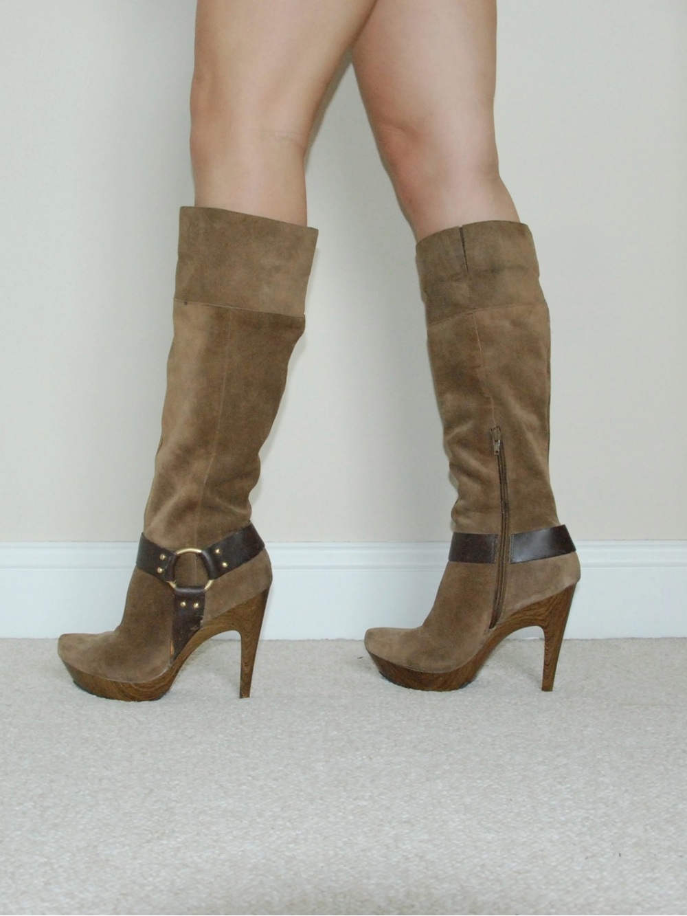 Women's Tall Suede Platform Heel Boots in Brown